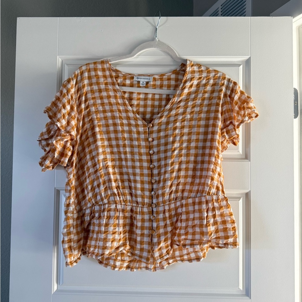 Warehouse Women’s Mustard Yellow Gingham Peplum Hem Top - Picture 10 of 14